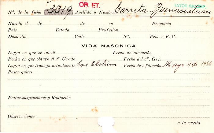 Ficha de miembro de Buenaventura Garreta.