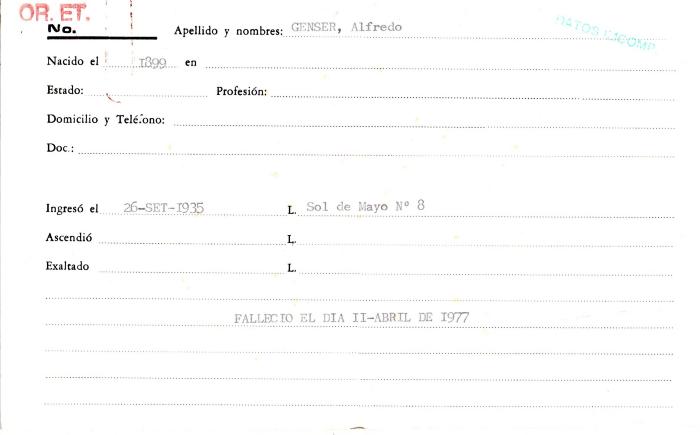 Ficha de miembro de Alfredo Genser.