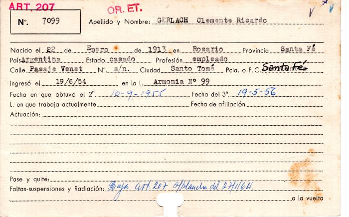 Ficha de miembro de Clemente Ricardo Gerlach.