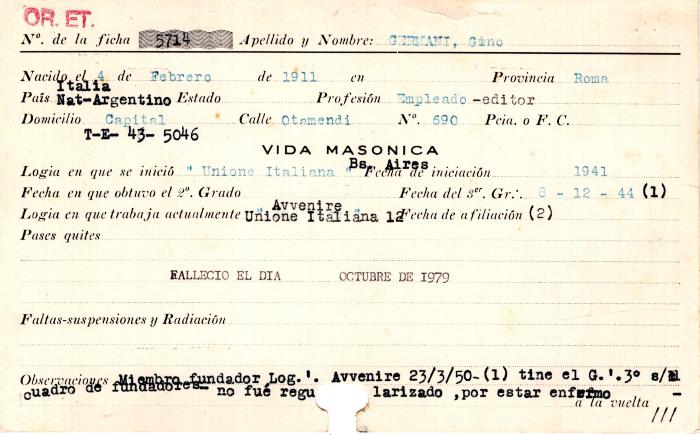 Ficha de miembro de Gino Germani.