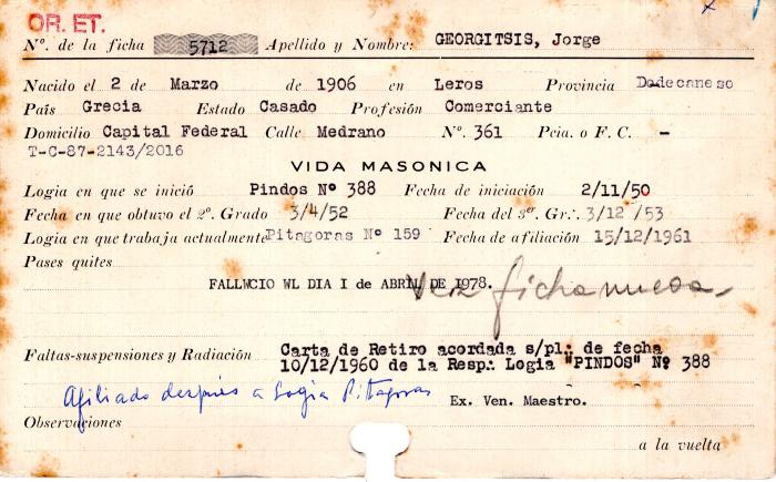 Ficha de miembro de Jorge Georgitsis.