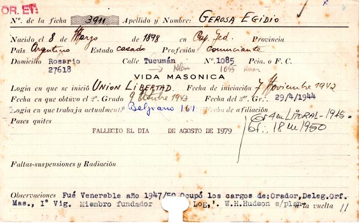 Ficha de miembro de Egidio Gerosa.