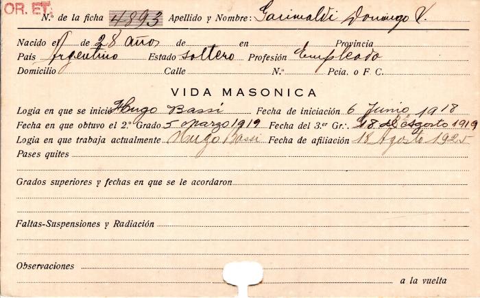Ficha de miembro de Domingo V. Garimaldi.