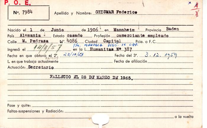 Ficha de miembro de Federico Geismar.