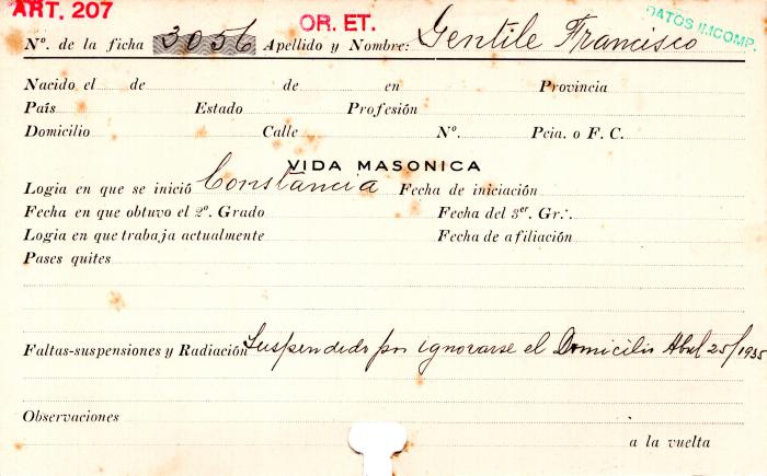 Ficha de miembro de Francisco Gentile.