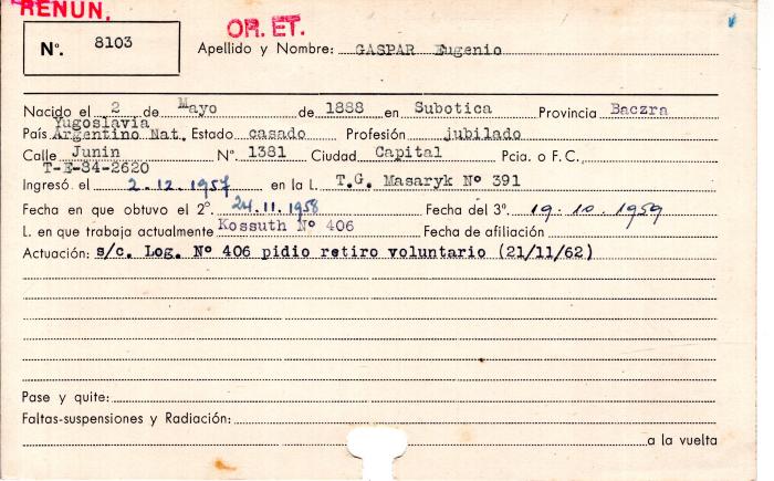 Ficha de miembro de Eugenio Gaspar.