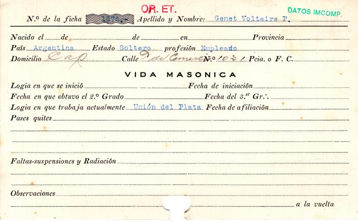 Ficha de miembro de Voltaire P. Genet.