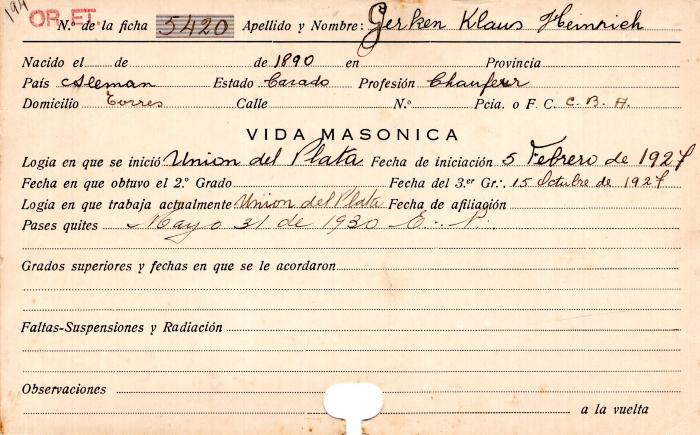 Ficha de miembro de Klaus Heinrich Gerken.