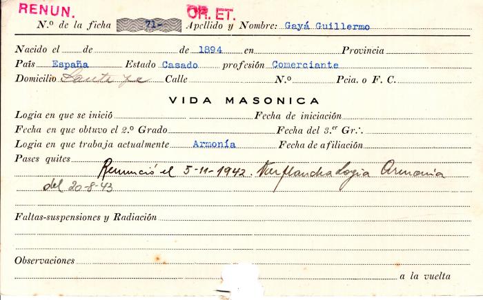 Ficha de miembro de Guillermo Gayá.