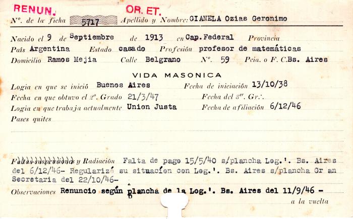 Ficha de miembro de Ozias Geronimo Gianela.