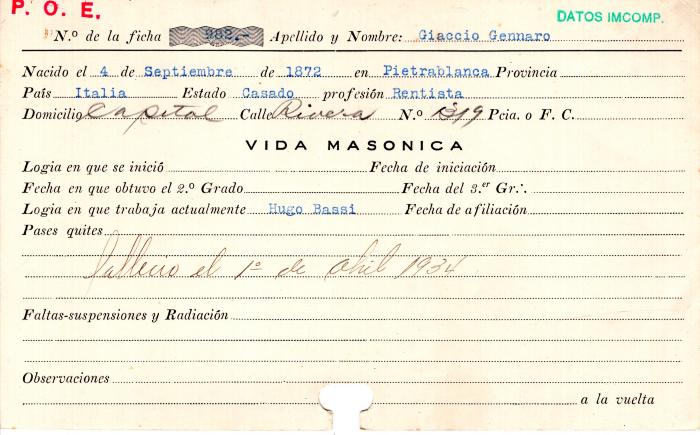 Ficha de miembro de Gennaro Giaccio.