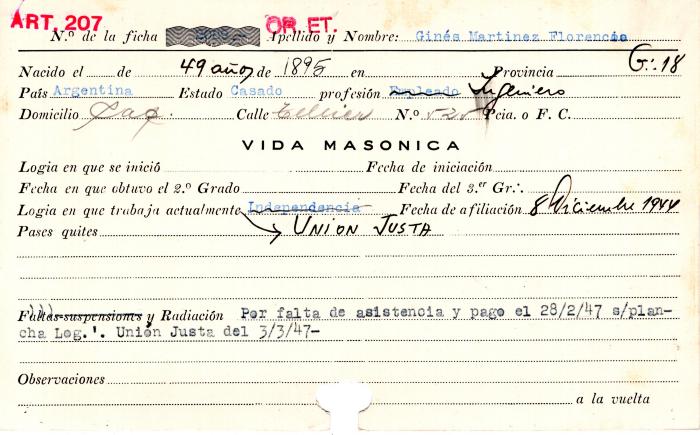 Ficha de miembro de Florencio Ginés Martinez.