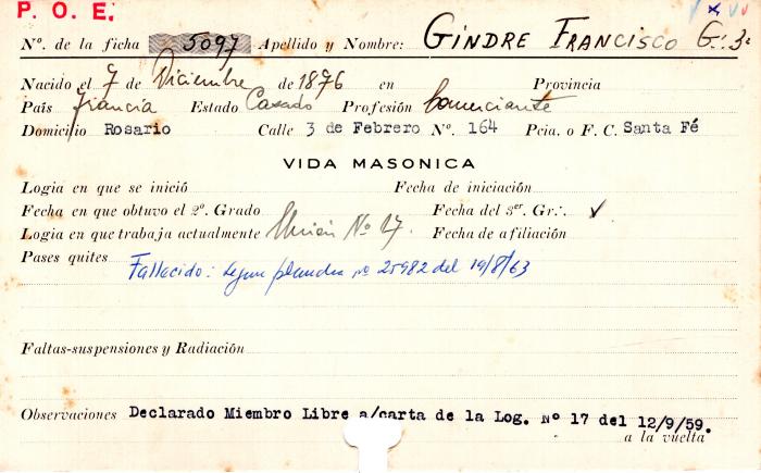 Ficha de miembro de Francisco Gindre.