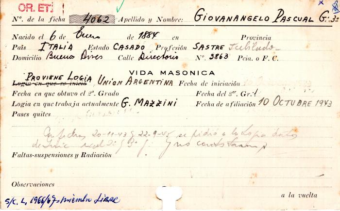 Ficha de miembro de Pascual Giovanangelo.
