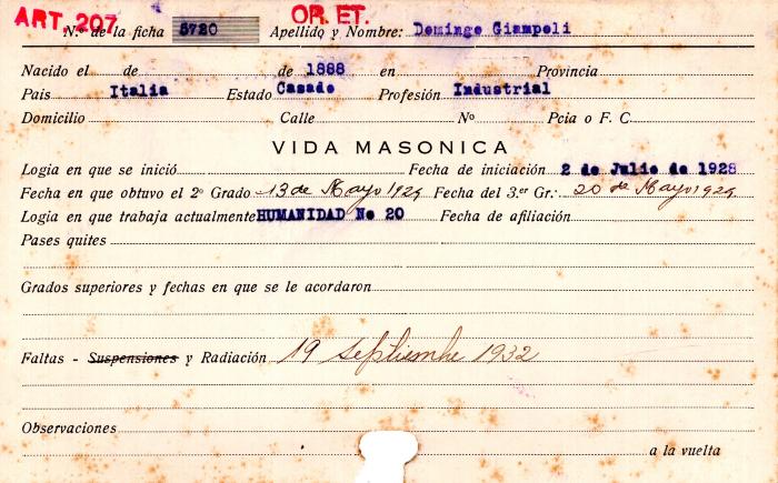 Ficha de miembro de Domingo Giampoli.