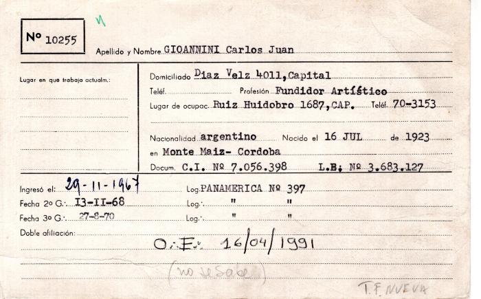 Ficha de miembro de Carlos Juan Gioannini.
