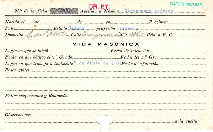 Ficha de miembro de Alfredo Giovannoni.