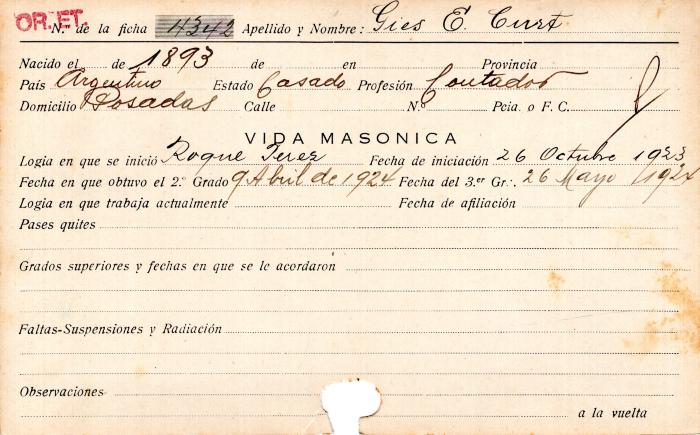 Ficha de miembro de Curt E. Gies.
