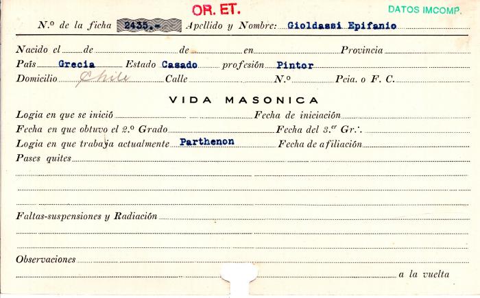 Ficha de miembro de Epifanio Gioldassi.