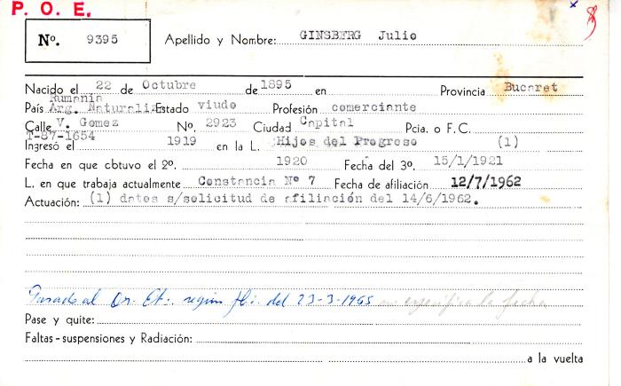 Ficha de miembro de Julio Ginsberg.