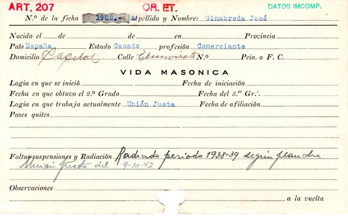 Ficha de miembro de José Ginabreda.