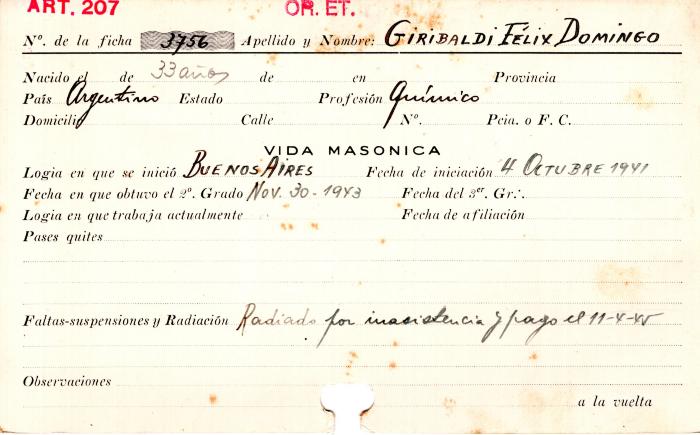 Ficha de miembro de Felix Domingo Giribaldi.