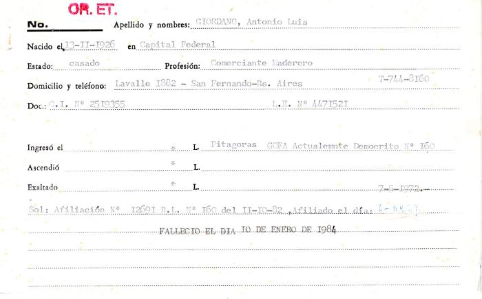 Ficha de miembro de Antonio Luis Giordano.