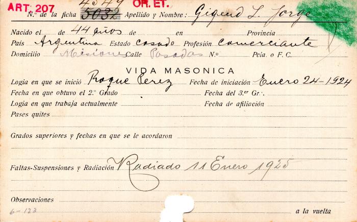Ficha de miembro de Jorge L. Gigena.
