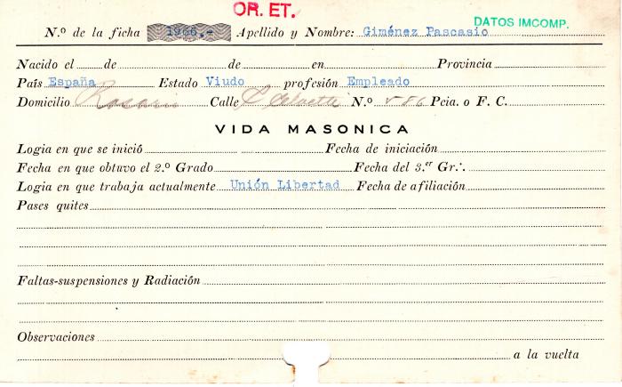 Ficha de miembro de Pascasio Gimenez.
