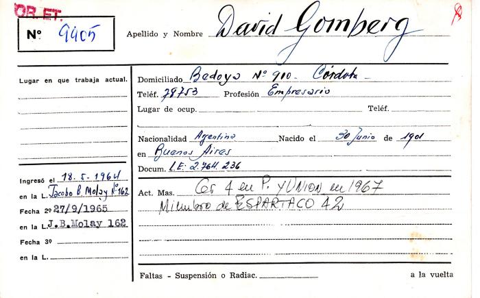 Ficha de miembro de David Gomberg.
