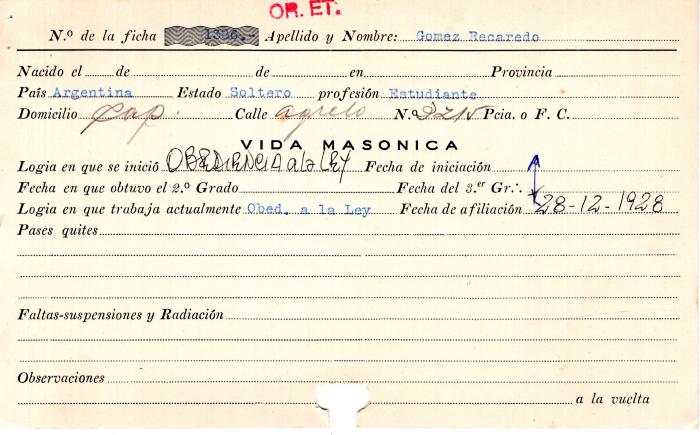 Ficha de miembro de Recaredo Gómez.