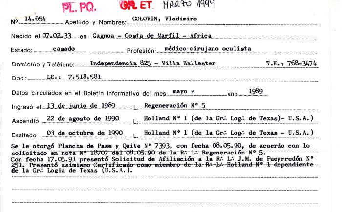 Ficha de miembro de Vladimiro Golovin.