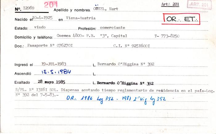 Ficha de miembro de Kurt Gützl.