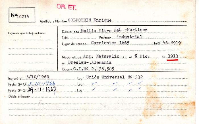 Ficha de miembro de Enrique Goldstein.