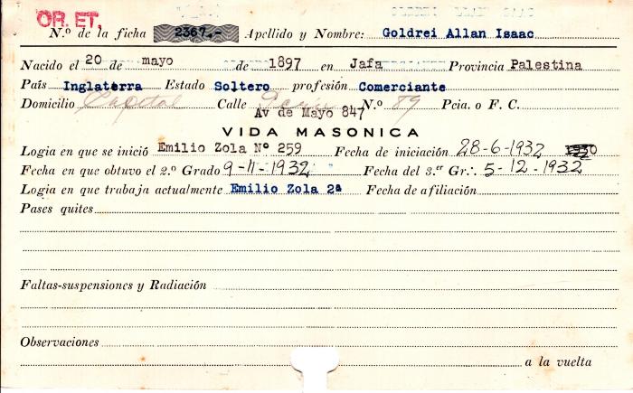 Ficha de miembro de Allan Isaac Goldrei.