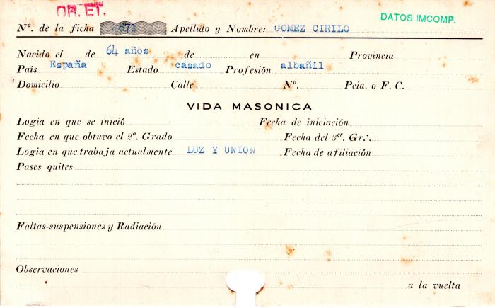 Ficha de miembro de Cirilo Gómez.