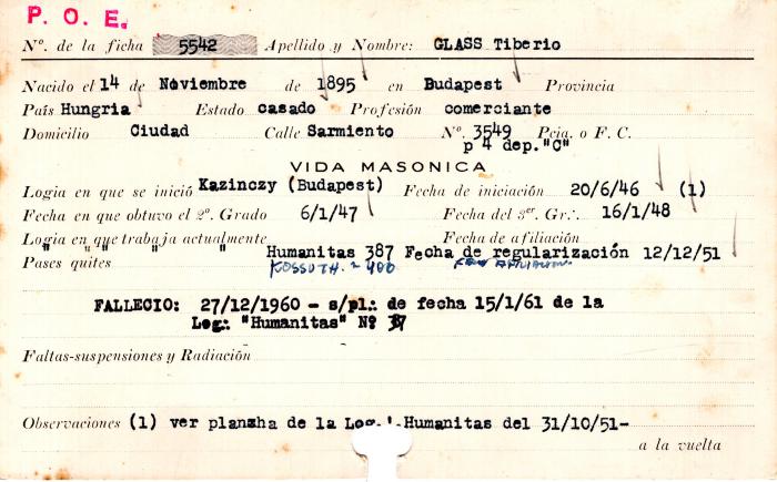 Ficha de miembro de Tiberio Glass.