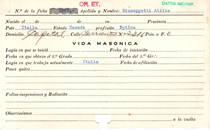 Ficha de miembro de Atilio Giuseppetti.