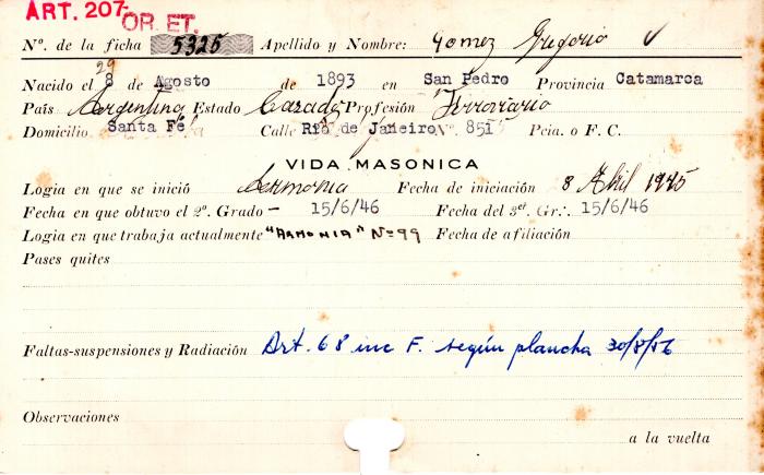 Ficha de miembro de Gregorio Gómez.