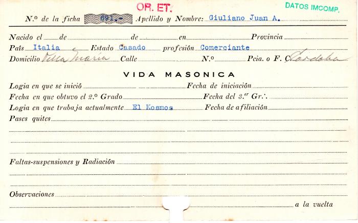 Ficha de miembro de Juan A. Giuliano.