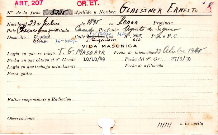 Ficha de miembro de Ernesto Glaessner.
