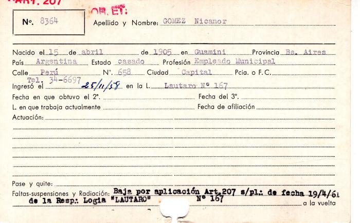 Ficha de miembro de Nicanor Gómez.