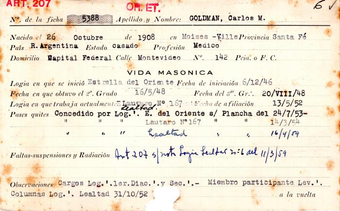 Ficha de miembro de Carlos M. Goldman.