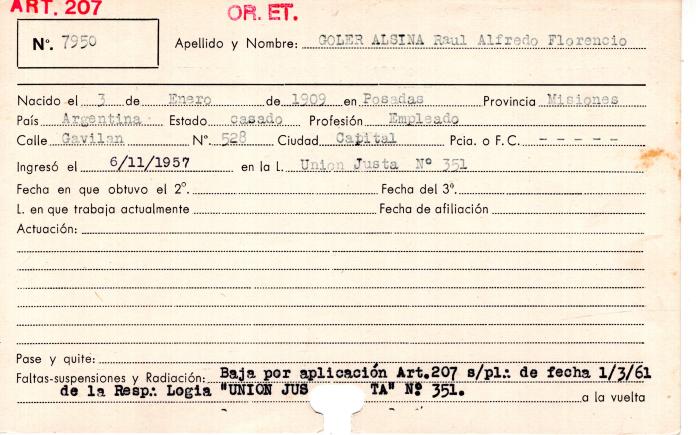 Ficha de miembro de Raúl Alfredo Florencio Goler Alsina.