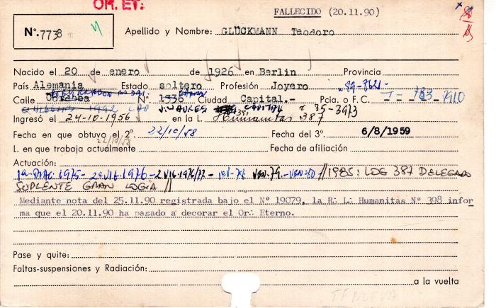 Ficha de miembro de Teodoro Glückmann.
