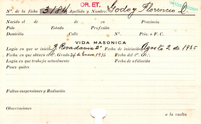 Ficha de miembro de Florencio D. Godoy.