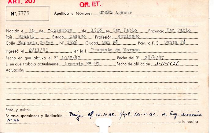Ficha de miembro de Agenor Gómez.