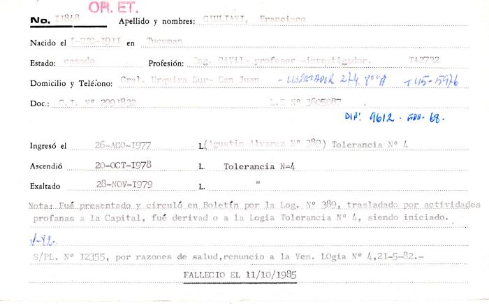 Ficha de miembro de Francisco Giuliani.