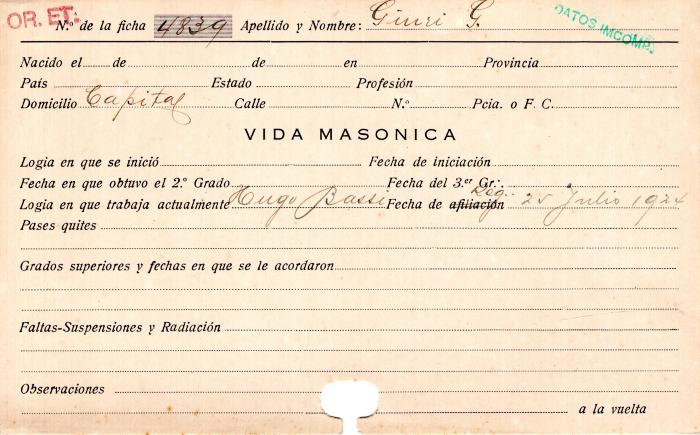 Ficha de miembro de G. Giuri.