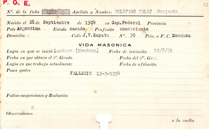 Ficha de miembro de Benjamín Goldfarb Valoj.